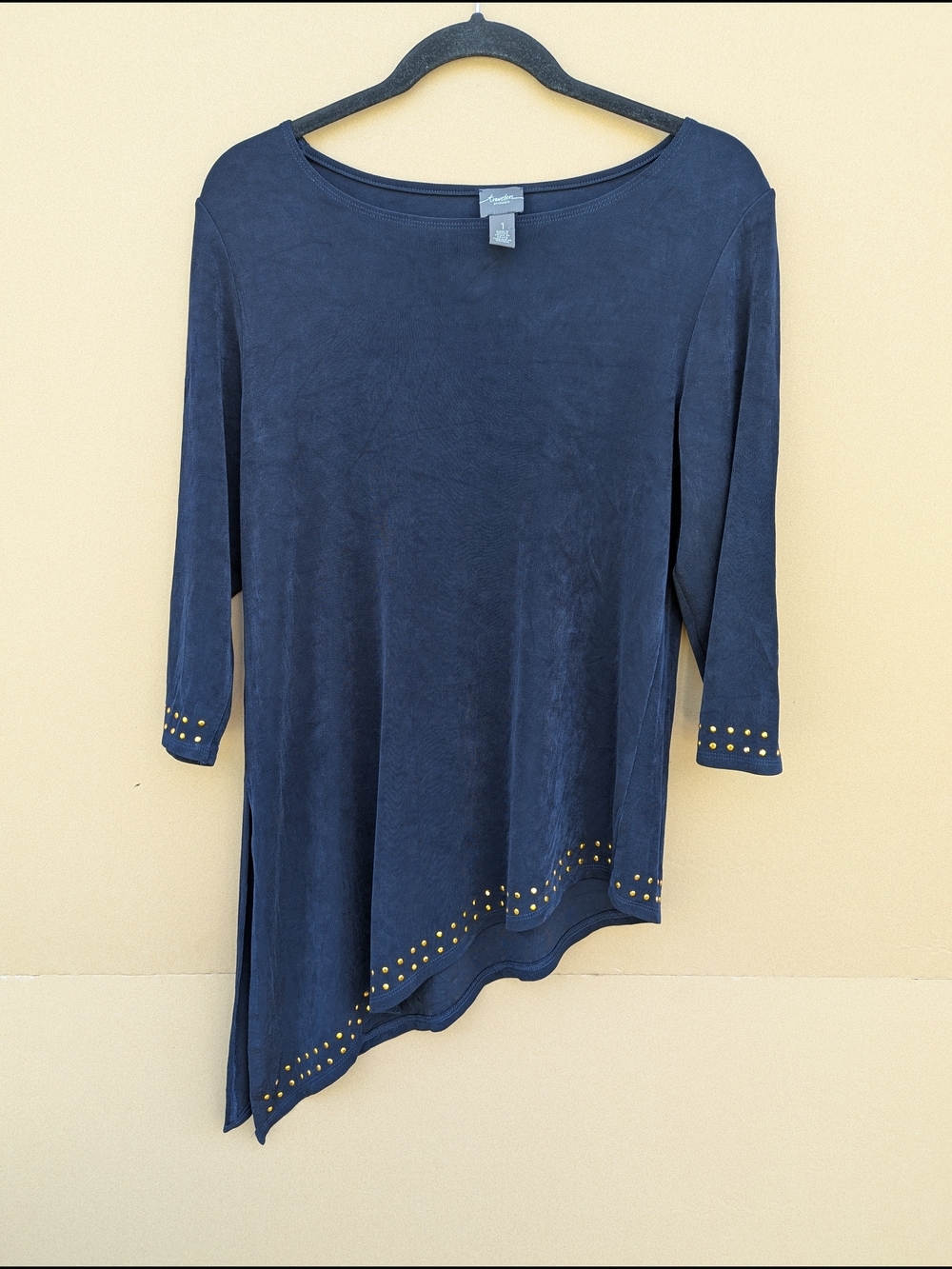 Chico’s Travelers Studded Asymmetrical Hem Tunic Top 1 Navy Gold Mature Women